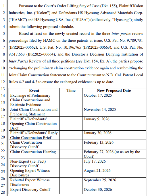 코오롱인더스트리가 재판부에 제출한 일정 일부. 사진=미국 캘리포니아주 중앙 지방법원