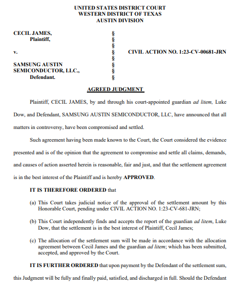 판결문 1면. 사진=미 텍사스주(州) 서부 지방법원 오스틴 지원