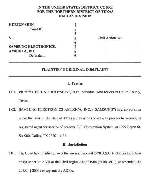소장 1면. 사진=텍사스주(州) 북부 지방법원 달라스 지원