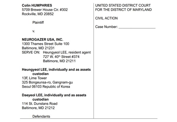 뉴로게이저 USA 선임 연구원이 임금 미지급으로 법인과 이흥열, 이대열 공동창업자를 상대로 소송을 제기했다. 사진=메릴랜드 지방법원