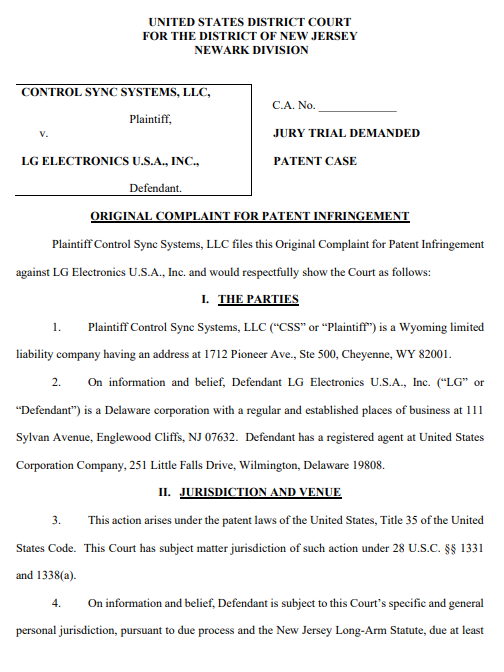 소송장 1면. 사진=미국 뉴저지주(州) 지방법원 뉴아크 지원