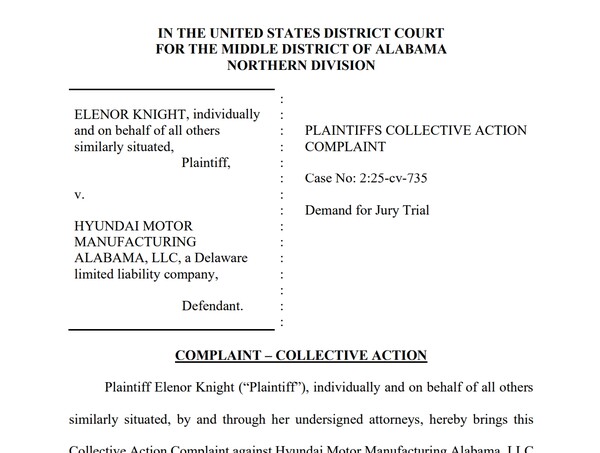 현대자동차 앨라배마 공장을 상대로 제기된 소송장 1면 중 일부. 사진=앨라배마 중부 지방법원