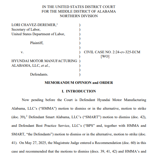 판결문 1면. 사진=미 앨라배마주 중부 지방법원 북부지원