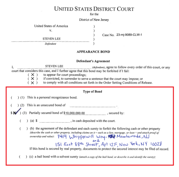 2023년 3월 8일 미국 뉴저지 연방지방법원이 발부한 스티븐 리 보석 보증서. 박스 안에는 총 1000만 달러 규모의 ‘부분 담보 보석’ 조건이 명시돼 있다. 파란 글씨는 담보로 제공된 뉴저지·뉴욕 소재 부동산 주소. 자료=미국 뉴저지 연방지방법원