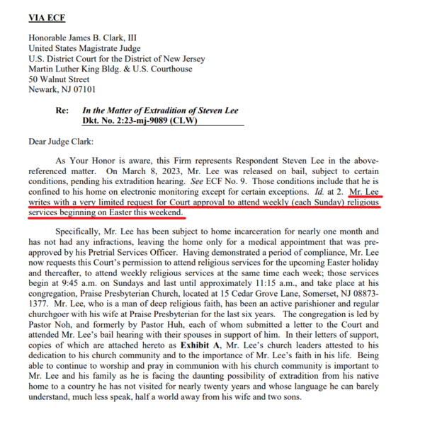 2023년 4월 6일 미국 뉴저지 연방지방법원에 제출된 스티븐 리 측의 청원서. 밑줄 친 문구는 부활절 주간부터 매주 일요일 교회 예배 참석을 허용해 달라는 내용. 자료=미국 뉴저지 연방지방법원