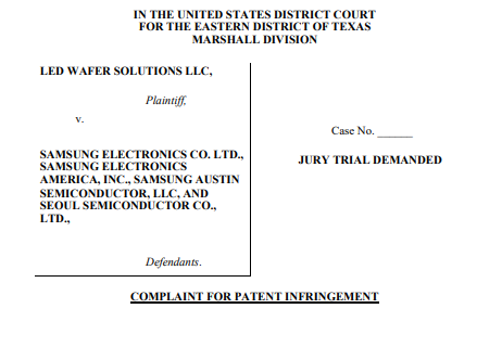 소송장 1면. 사진=미국 텍사스주 동부 지방법원 마샬지원