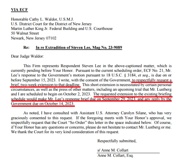 미국 뉴저지 연방지방법원에 스티븐 리 측 변호인단이 제출한 기한 연장 요청서. 빨간 밑줄 부분은 “기한을 2주간 연장해 달라고 요청한다”는 내용. 자료=미국 뉴저지 연방지방법원