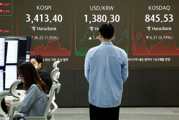 17일 오후 서울 중구 하나은행 본점 딜링룸 현황판에 코스피, 원/달러 환율, 코스닥 지수가 표시돼 있다. 사진=연합뉴스