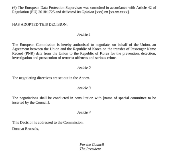 EU 이사회가 집행위에 한국과의 PNR 협정 협상 권한을 위임하는 조항.