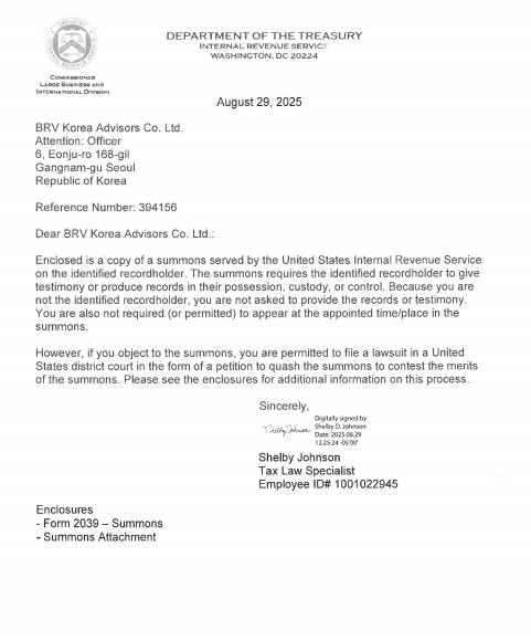 IRS가 블루런벤처스에 보낸 통지서. 사진=미 캘리포니아주 북부 지방법원