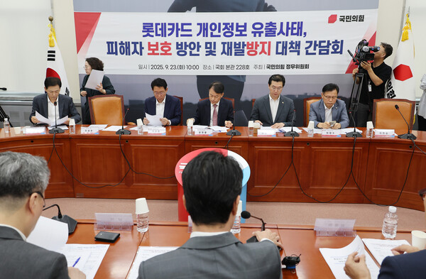 국회 정무위원회 소속 국민의힘 의원들은 23일 ‘롯데카드 개인정보 유출사태 피해자보호 방안 및 재발 방지 대책 간담회’를 열고 롯데카드와 MBK파트너스, 금융위원회·금감원·개인정보보호위 관계자들을 불러 책임 추궁에 나섰다. 사진=연합뉴스 