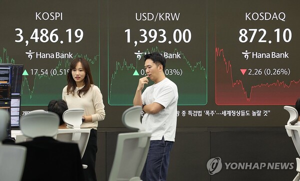 23일 서울 중구 하나은행 딜링룸 현황판에 코스피·코스닥 지수가 표시돼있다. 사진=연합뉴스