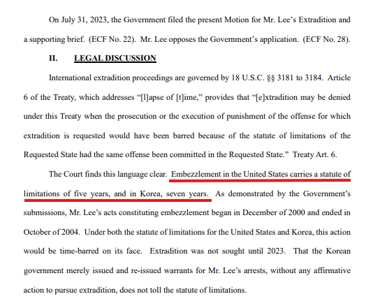 재판부는 "횡령죄 공소시효는 미국에서 5년, 한국에서 7년"이라고 명시했다. 사진=미국 뉴저지주 지방법원