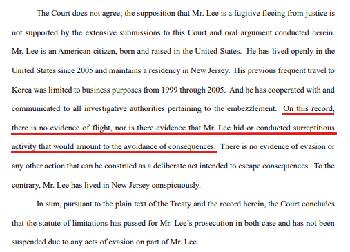 재판부는 "기록상 도피의 증거는 없으며, 스티븐 리가 결과를 회피하기 위해 은닉하거나 은밀한 활동을 했다는 증거도 없다"며 한국 법무부의 주장을 전면 기각했다. 사진=미국 뉴저지주 지방법원