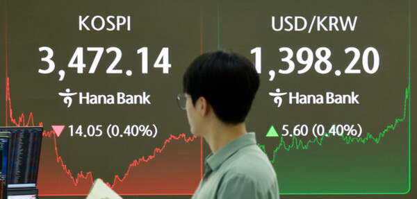 24일 서울 을지로 하나은행 본점 딜링룸에서 한 외환딜러가 증시 현황판 앞을 지나고 있다. 사진=연합뉴스