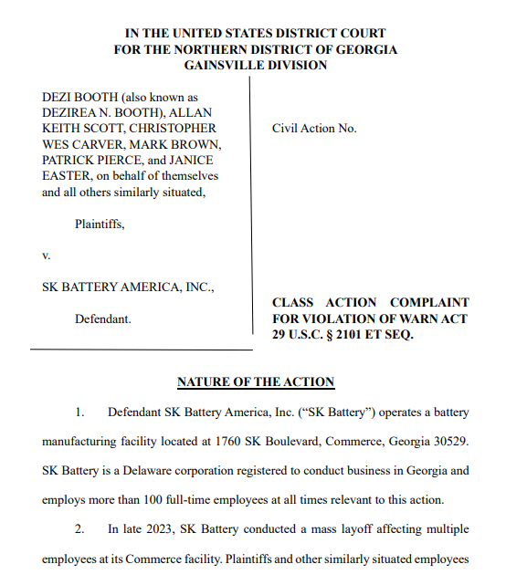 소송장 1면. 사진=조지아주 북부 지방법원 게인즈빌 지원