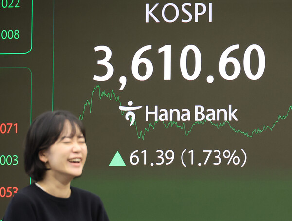 10일 서울 중구 하나은행 본점에서 직원들이 주가 및 환율 전광판 앞에서 활짝 웃고 있다. 사진=코스피