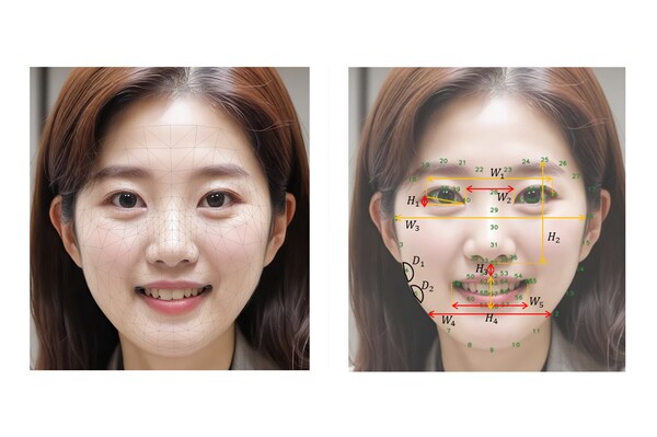 (왼쪽부터) 안면 특징점 추출 기술 적용 예시, 얼굴 부위별 6가지 노화 지표 정의 예시. 사진=LG생활건강 제공