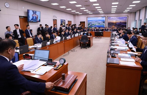 지난 13일 서울 여의도 국회에서 열린 국토교통부 등에 대한 국토교통위원회 국정감사에서 맹성규 국토교통위원장이 국정감사 개시를 선언하며 의사봉을 두드리고 있다. 연합뉴스