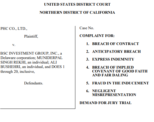 소송장 1면. 사진=미국 캘리포니아주 북부 지방법원