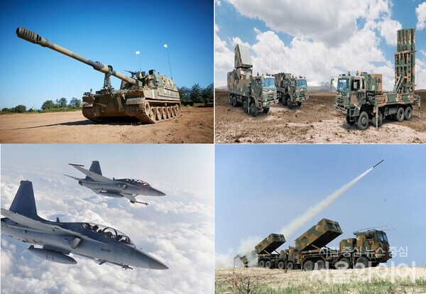 (왼쪽 상단 시계방향) 한화에어로스페이스 K9자주포, LIG넥스원 지대공미사일 천궁2, 한화에어로스페이스 다연장 로켓 천무, KAI의 FA-50 모습. 사진= 각사 제공