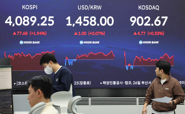 17일 오후 서울 중구 우리은행 본점 딜링룸 현황판에 코스피 지수가 표시돼 있다. 사진-연합뉴스