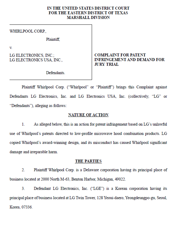 소송장 1면. 사진=미국 텍사스주 동부 연방지방법원 마샬지원