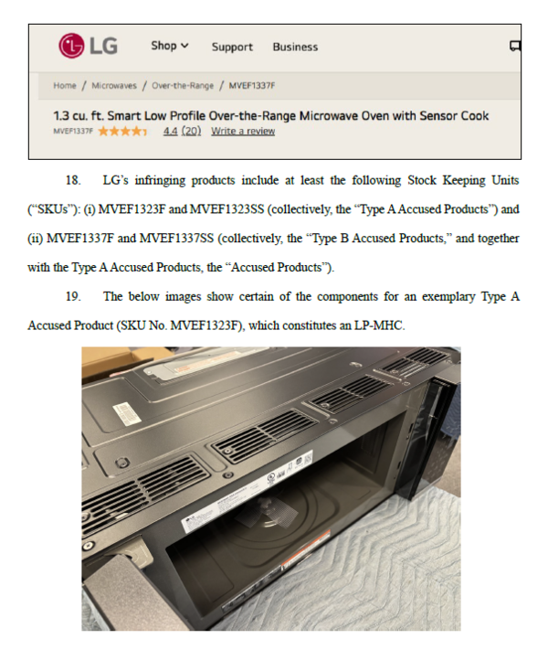 월풀 측이 제기한 특허침해 자료. 사진=미국 텍사스주 동부 연방지방법원 마샬지원