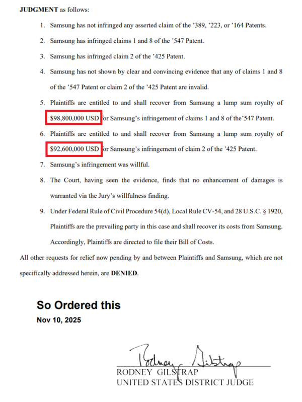 판결문. 사진=미국 텍사스주 동부 연방지방법원 마샬지원