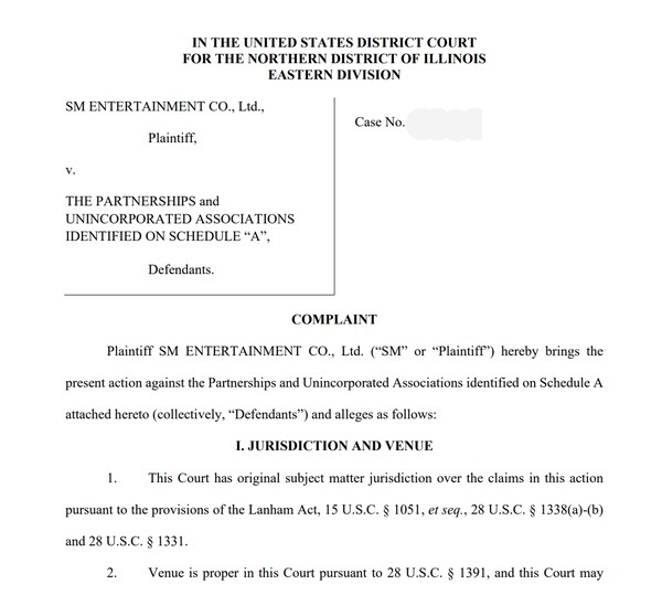 SM엔터테인먼트가 현지시간 24일 미국 법원에 불법 K팝 굿즈 판매업자를 상대로 손해배상을 청구했다. 사진=일리노이 북부 연방지방법원