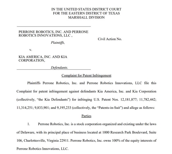 현지시간 24일 페론 로보틱스는 기아, 기아 미국 법인을 상대로 자율주행 소프트웨어 특허침해로 소송을 제기했다. 사진=텍사스 동부 연방지방법원