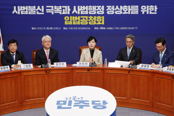 전현희 더불어민주당 최고위원(가운데)이 본인이 단장을 맡은 '사법불신 극복·사법행정 정상화' 태스크포스(TF) 공청회에서 발언하고 있다. 사진=연합뉴스 