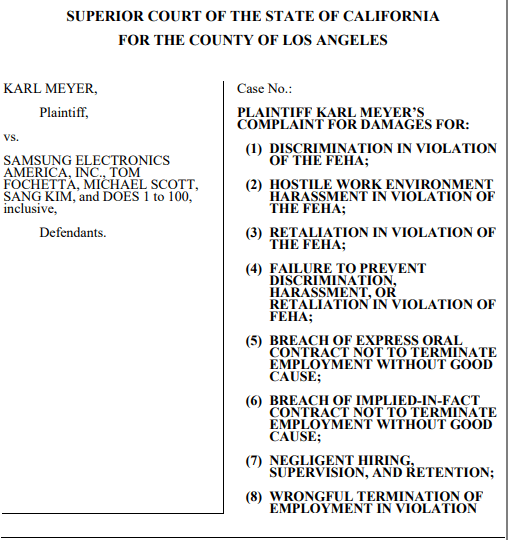 소송장 1면. 사진=미국 캘리포니아주 로스앤젤레스 카운티 상급법원
